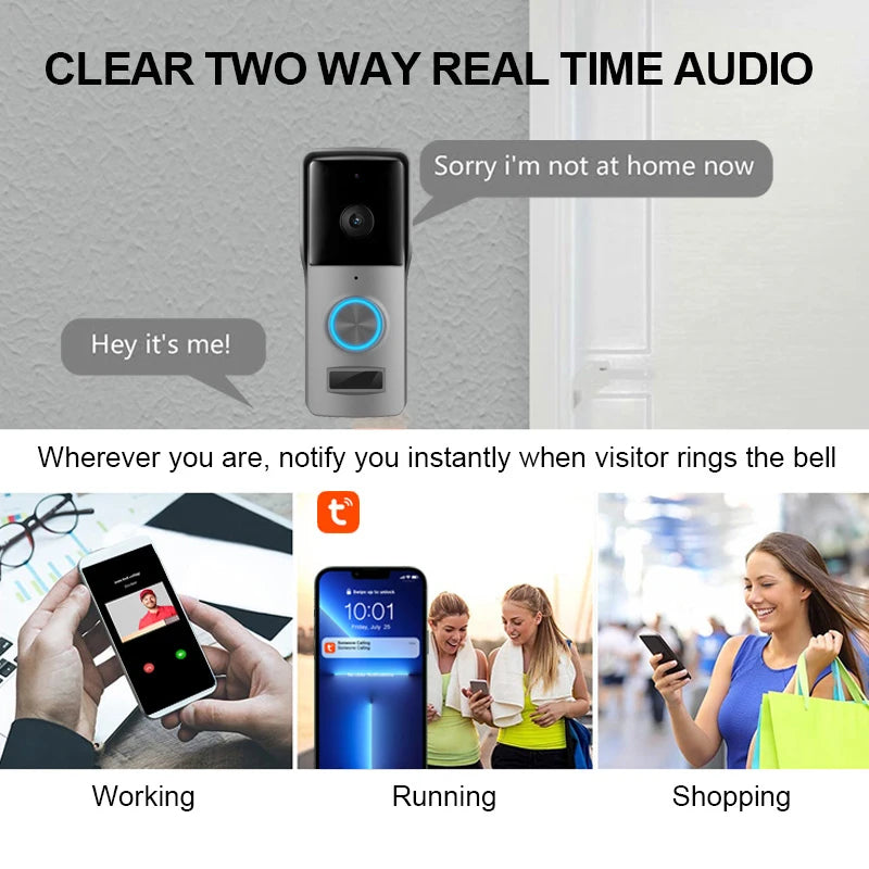 Waterproof 1080P Wifi Video Doorbell DC AC Battery Powered Tuya Smart Security Camera Door Bell Home Wireless Ringing Bell