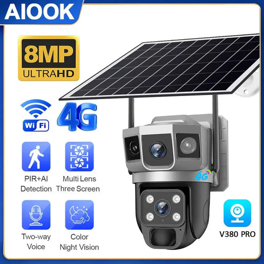 AIOOK Solar Security Camera Outdoor Waterproof HD 8MP WIFI 4G Camera Full Color Night Vision Two-Way Intercom Motion Detection