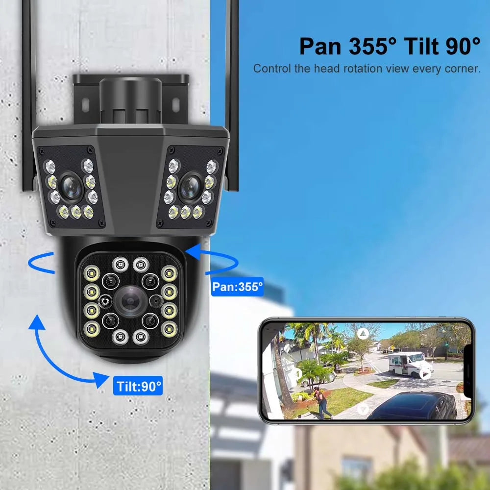 6K 12MP Wifi Outdoor Camera 8X Zoom Three Len Ai Motion Tracking PTZ 4K Video Camera Security Protection Waterproof Surveillance